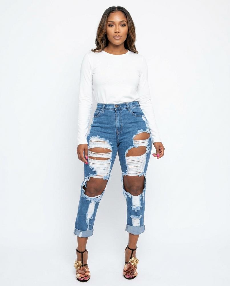 Heidi Outlet - Zezan | Zerrissen Hochgeschnitten Hose Damen