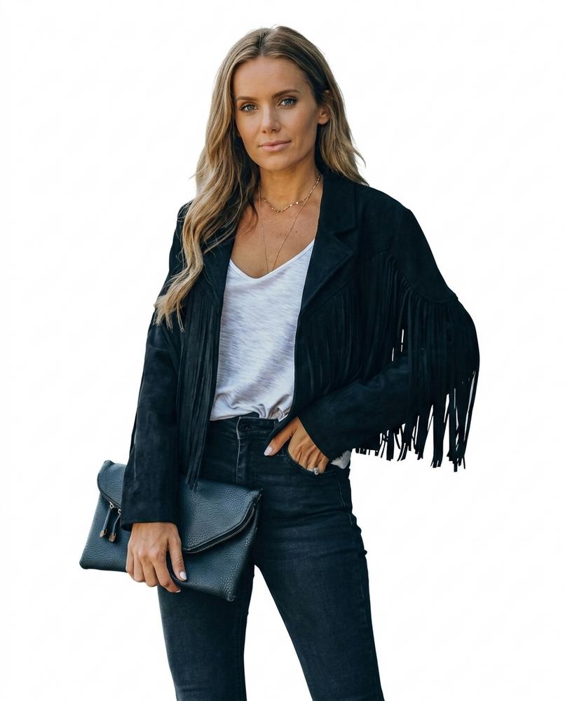 Heidi Outlet - Ledan | Gefranste Verschlusslose Jacke Damen
